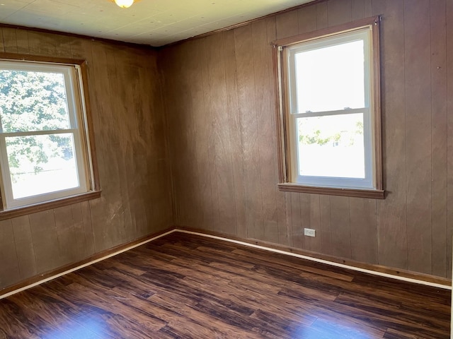 unfurnished room featuring wooden walls and dark wood-style floors