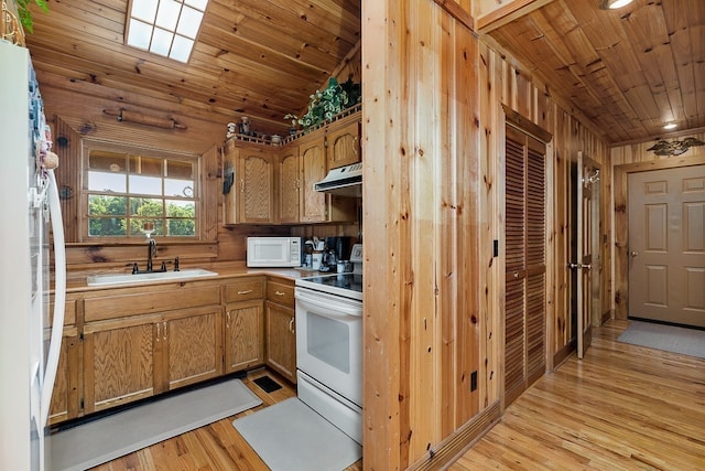 kitchen featuring sink, light hardwood / wood-style flooring, white appliances, and wooden ceiling