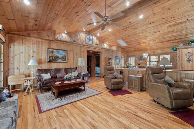 living room with wood ceiling, light hardwood / wood-style floors, and wood walls