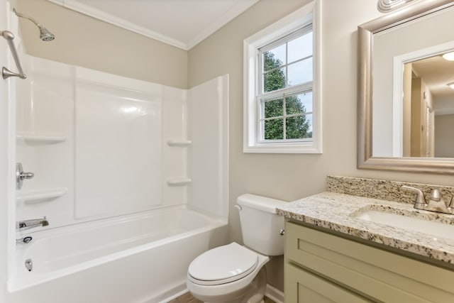 full bathroom featuring toilet, vanity, shower / bath combination, and ornamental molding