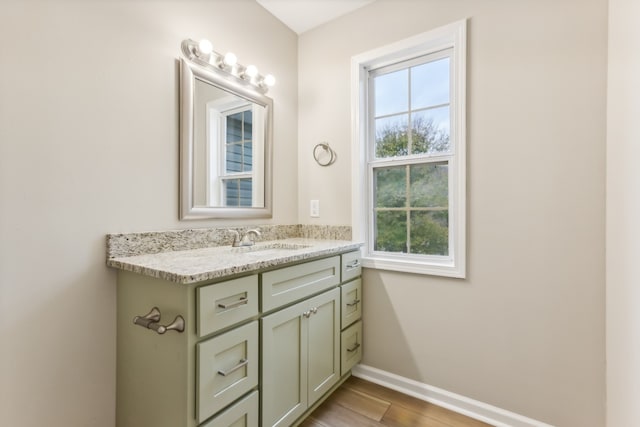 bathroom with vanity and hardwood / wood-style flooring