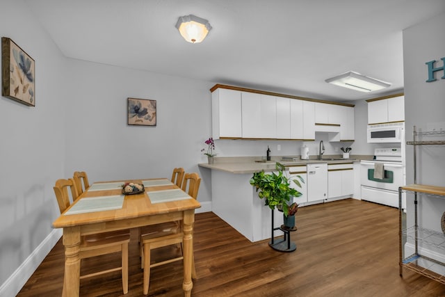 kitchen with sink, kitchen peninsula, white appliances, white cabinetry, and dark hardwood / wood-style floors