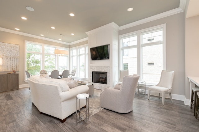 living room featuring a fireplace, crown molding, and dark wood-type flooring