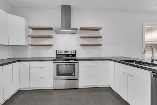 kitchen with wall chimney exhaust hood, decorative backsplash, sink, stainless steel appliances, and white cabinets