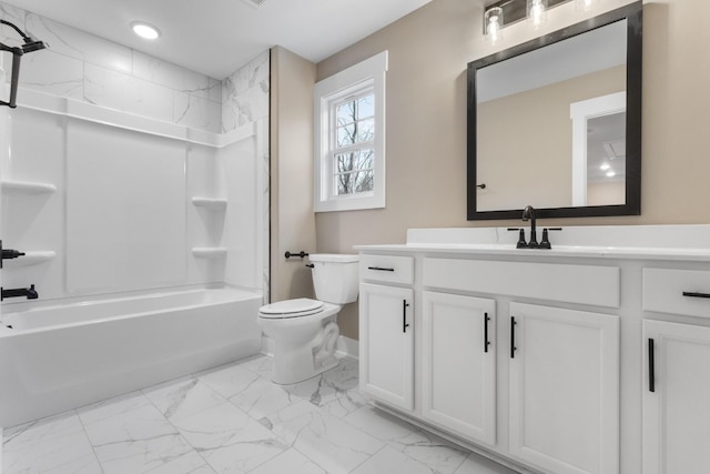 full bathroom with toilet, vanity, and bathtub / shower combination