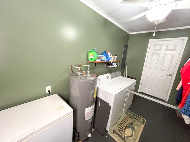 laundry area featuring crown molding, washer and clothes dryer, electric water heater, and ceiling fan