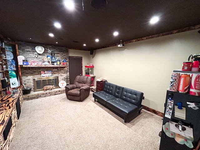 carpeted living room featuring a brick fireplace