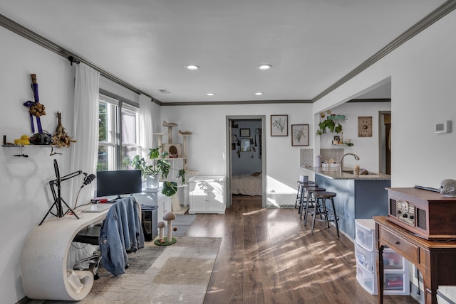 interior space featuring ornamental molding and dark hardwood / wood-style floors