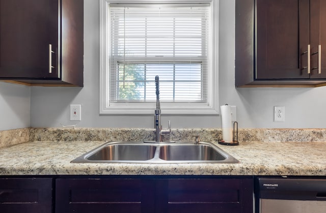 kitchen featuring dark brown cabinetry, sink, and stainless steel dishwasher