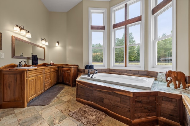 bathroom featuring vanity, a tub to relax in, and a wealth of natural light