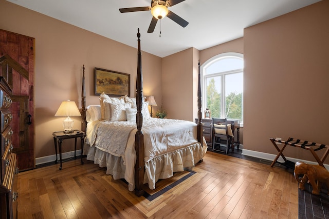 bedroom featuring wood-type flooring and ceiling fan