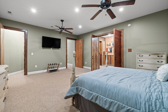 carpeted bedroom featuring ceiling fan