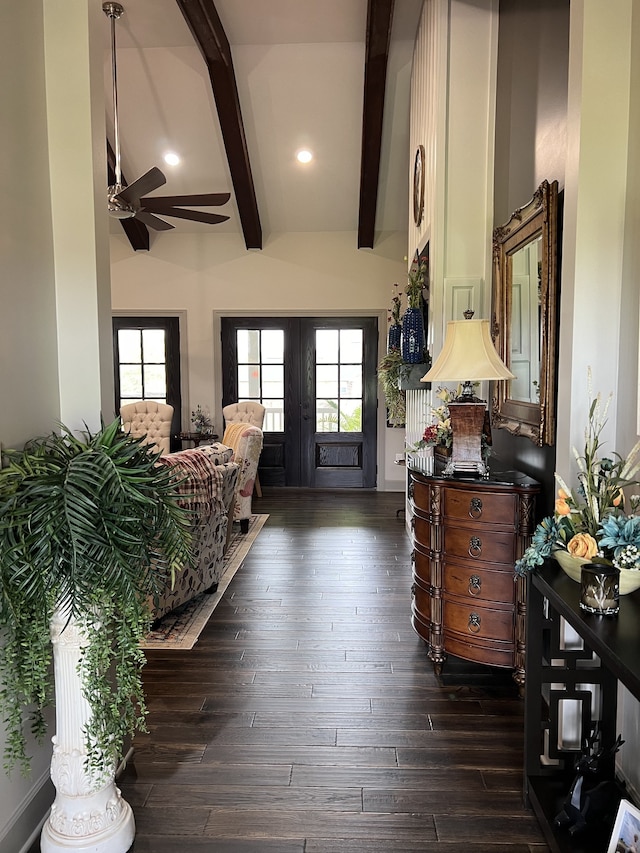 entrance foyer featuring ceiling fan, plenty of natural light, dark wood-type flooring, and french doors