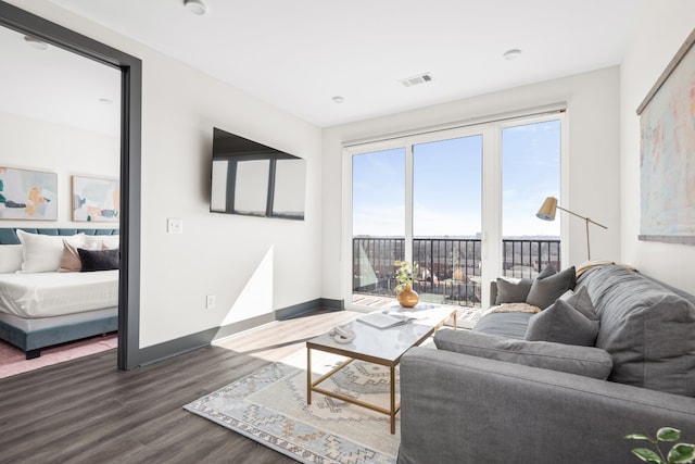 living room with dark wood-type flooring