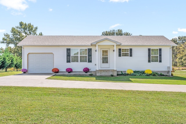 single story home with a front yard and a garage