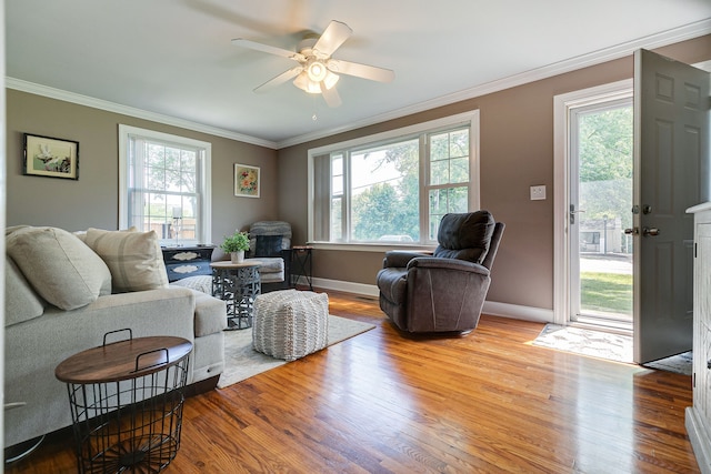 living room featuring plenty of natural light, ornamental molding, wood-type flooring, and ceiling fan