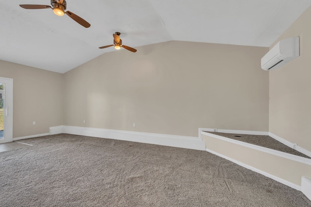 interior space with ceiling fan, an AC wall unit, and lofted ceiling