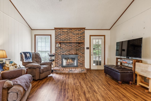 living room featuring lofted ceiling, a textured ceiling, ornamental molding, dark hardwood / wood-style floors, and a fireplace