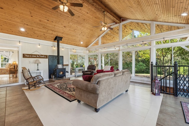 living room featuring high vaulted ceiling, ceiling fan, wood ceiling, a wood stove, and beam ceiling