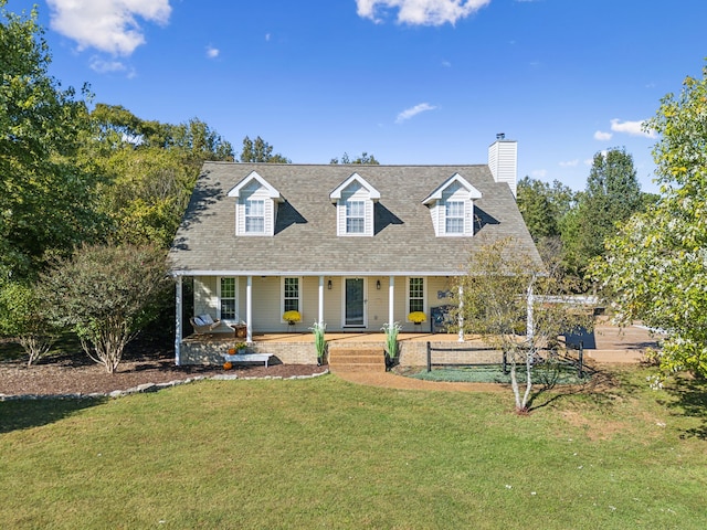 cape cod-style house featuring a front lawn and a patio area