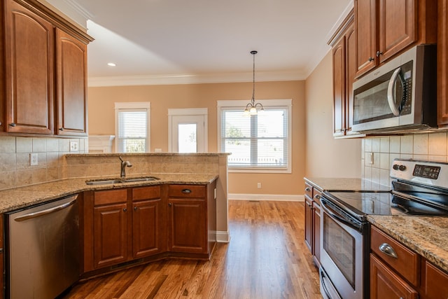 kitchen with crown molding, wood finished floors, a sink, stainless steel appliances, and a peninsula