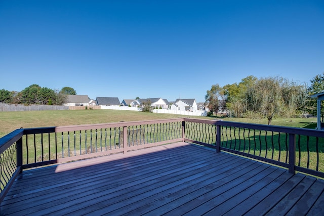 deck featuring a lawn, a fenced backyard, and a residential view