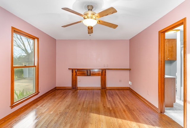 empty room with ceiling fan and light hardwood / wood-style flooring