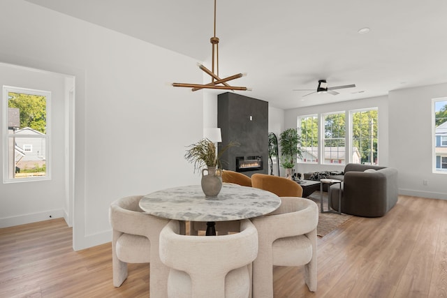 dining space with a healthy amount of sunlight, a fireplace, and light hardwood / wood-style floors