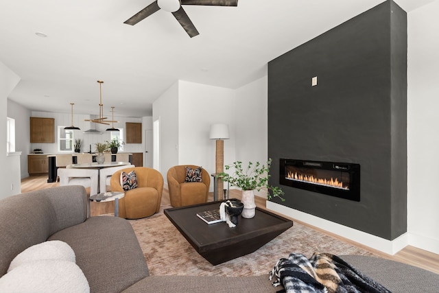 living room featuring a fireplace, light wood-type flooring, and ceiling fan