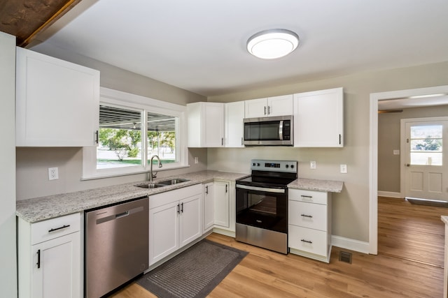 kitchen featuring stainless steel appliances, sink, light wood-type flooring, and white cabinetry