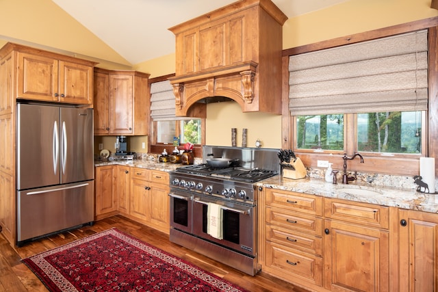 kitchen featuring dark hardwood / wood-style floors, sink, vaulted ceiling, appliances with stainless steel finishes, and light stone counters