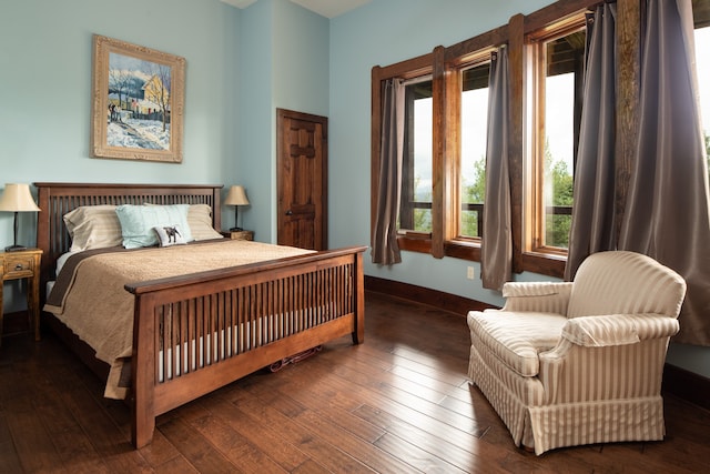 bedroom with multiple windows and dark wood-type flooring