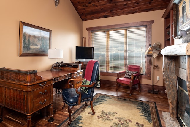 office space featuring wood ceiling, vaulted ceiling, and hardwood / wood-style floors