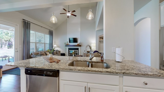 kitchen with hardwood / wood-style floors, a large fireplace, white cabinetry, stainless steel dishwasher, and sink