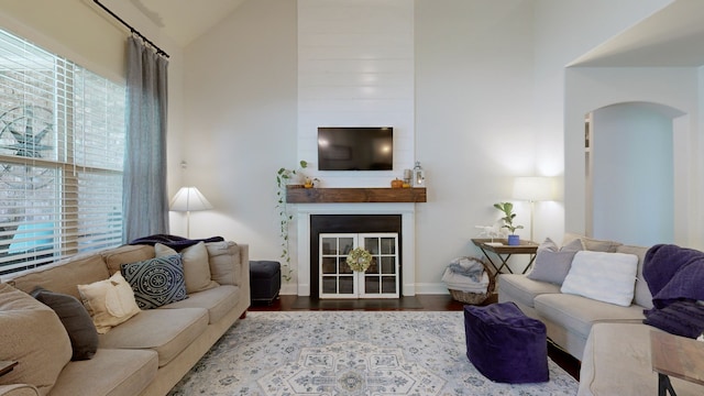 living room with high vaulted ceiling, wood-type flooring, and a fireplace