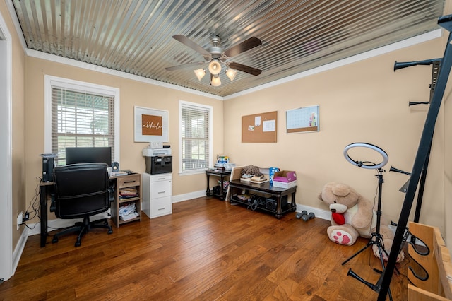 office area with ceiling fan, hardwood / wood-style flooring, and crown molding