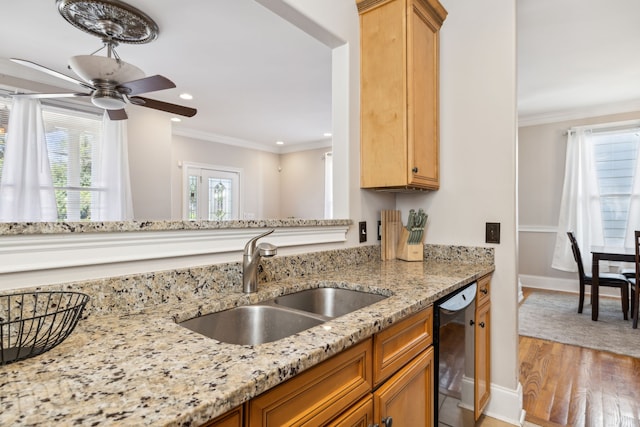 kitchen featuring light wood-type flooring, black dishwasher, a wealth of natural light, and sink