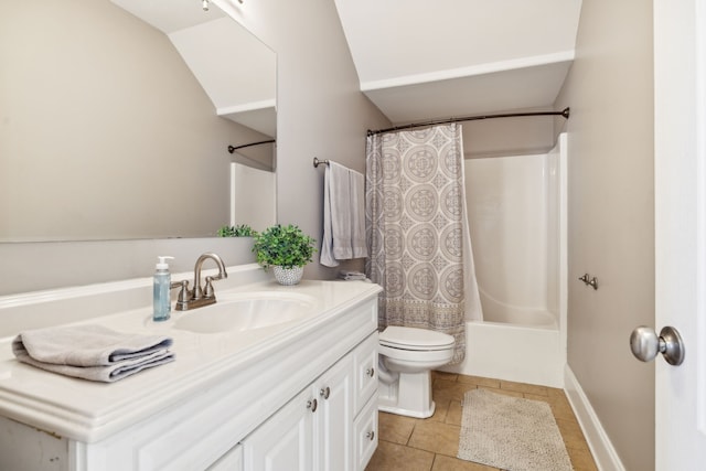 full bathroom with shower / bathtub combination with curtain, tile patterned flooring, vaulted ceiling, toilet, and vanity