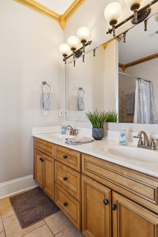 bathroom with tile patterned flooring, vanity, a shower with shower curtain, and crown molding