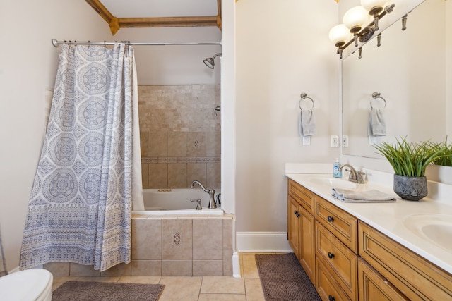 full bathroom with tile patterned floors, toilet, shower / tub combo with curtain, vanity, and ornamental molding