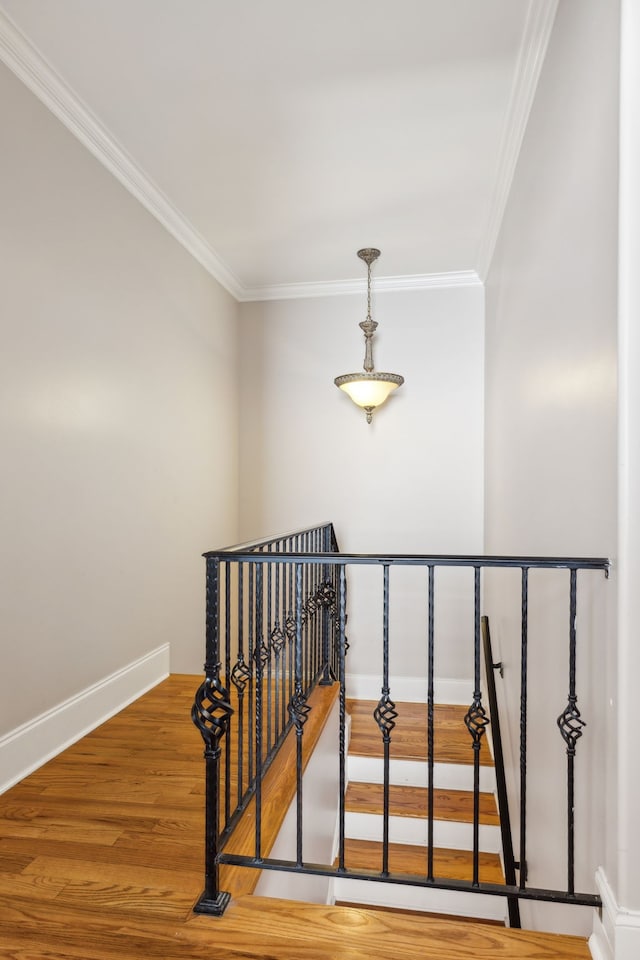 stairs with crown molding and wood-type flooring