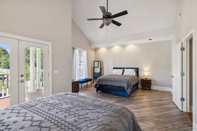 bedroom with high vaulted ceiling, french doors, ceiling fan, access to exterior, and wood-type flooring