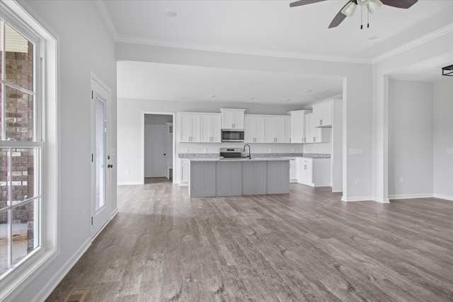 kitchen with appliances with stainless steel finishes, a healthy amount of sunlight, a kitchen island with sink, and white cabinets