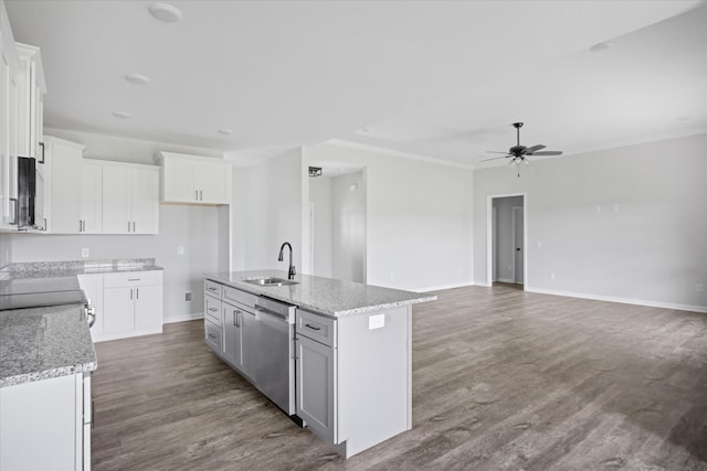 kitchen with a kitchen island with sink, sink, stainless steel dishwasher, and white cabinetry