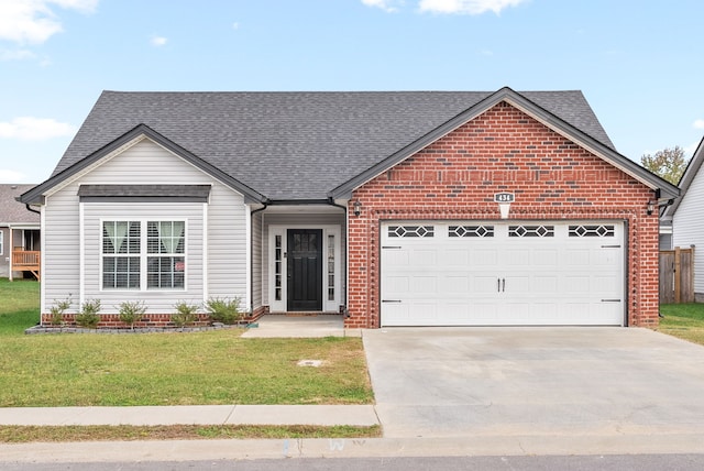 single story home with a front lawn and a garage