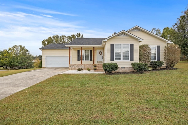 single story home featuring a front yard and a garage