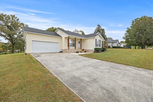 single story home with a garage and a front lawn