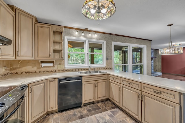 kitchen with hanging light fixtures, black dishwasher, sink, and stainless steel electric range oven