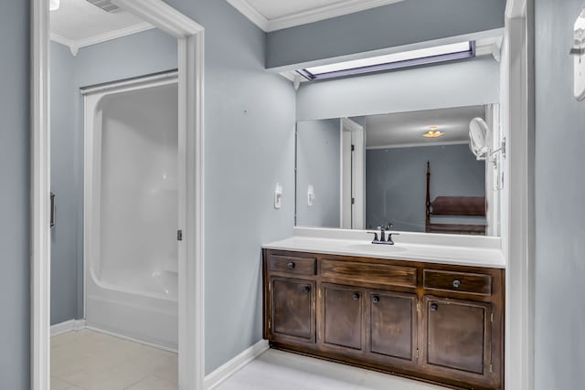 bathroom featuring tile patterned flooring, shower / bath combination, ornamental molding, and vanity