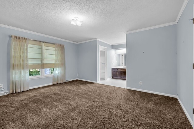 carpeted empty room featuring ornamental molding and a textured ceiling